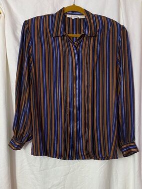 Martinique Vintage Striped Long Sleeve Blouse Blue Copper Gold Size 12